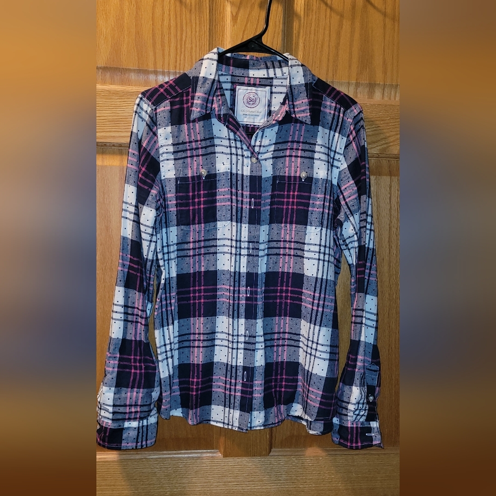 NWOT SO BRAND LARGE WOMENS PINK BLUE & WHITE PLAID FLANNEL SHIRT TOP